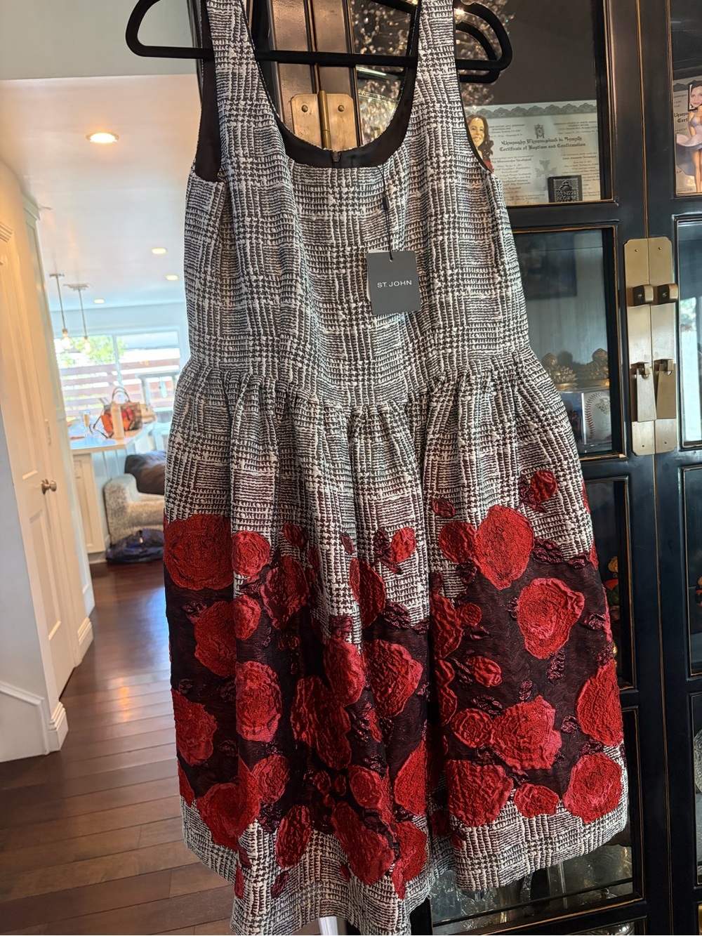 St. John Black-and-White Tweed Dress with Red Rose Embroidery NWT